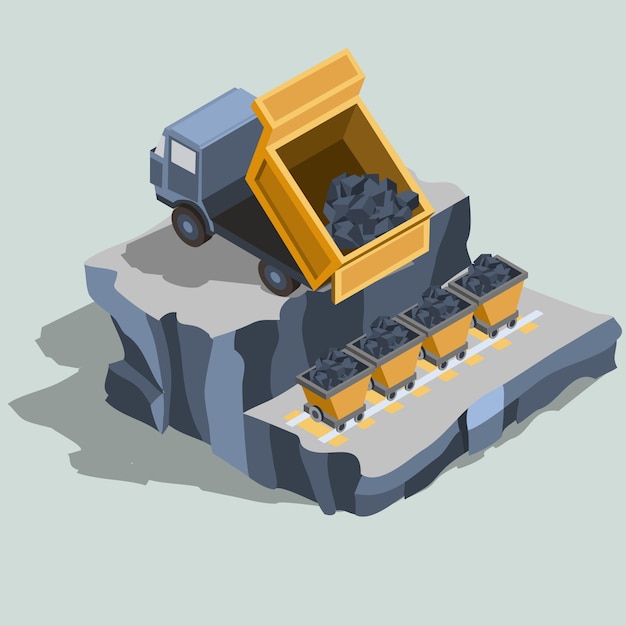 Dump truck ships coal into coal carts isometric vector