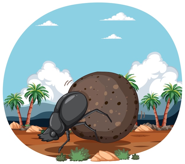 Free vector dung beetle at work in desert oasis