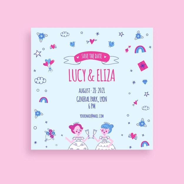 duotone doodle save the date wedding invitation