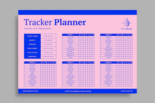 무료 벡터 이중톤 정신 건강 뇌 불안 및 우울증 추적기 플래너 템플릿