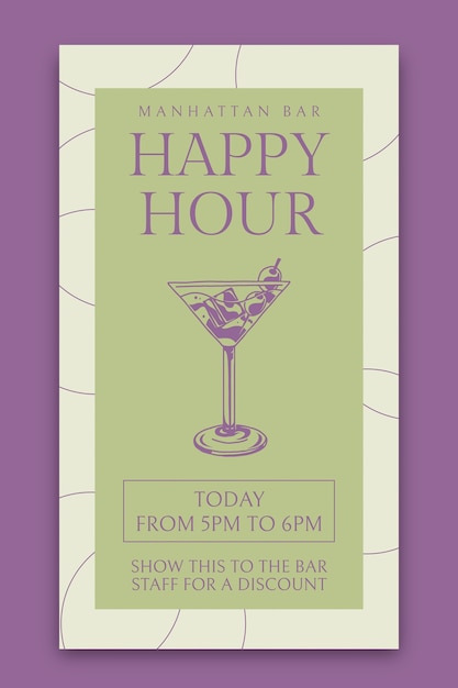 Vettore gratuito storia di instagram dell'happy hour di manhattan a due toni semplice