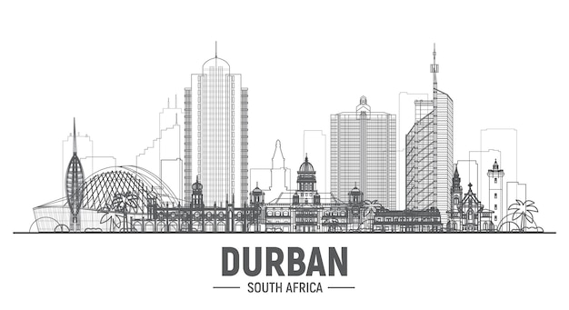 白い背景のパノラマとダーバン南アフリカのスカイラインストロークベクトルイラストモダンな建物とビジネス旅行と観光のコンセプトバナーやウェブサイトの画像