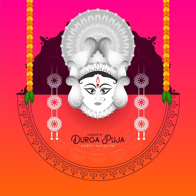 Sfondo del festival durga puja e happy navratri con design del viso della dea