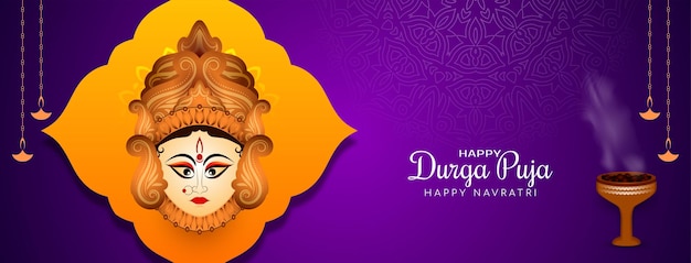 Vettore gratuito durga puja e happy navratri dea adorano il design del banner del festival