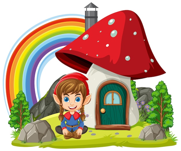 Бесплатное векторное изображение Карикатура на гнома, сидящего перед грибным домиком в фэнтези