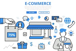Vettore gratuito icone di arte linea piatta di concetto di affari dello shopping negozio di vendita elettronica di e-commerce.