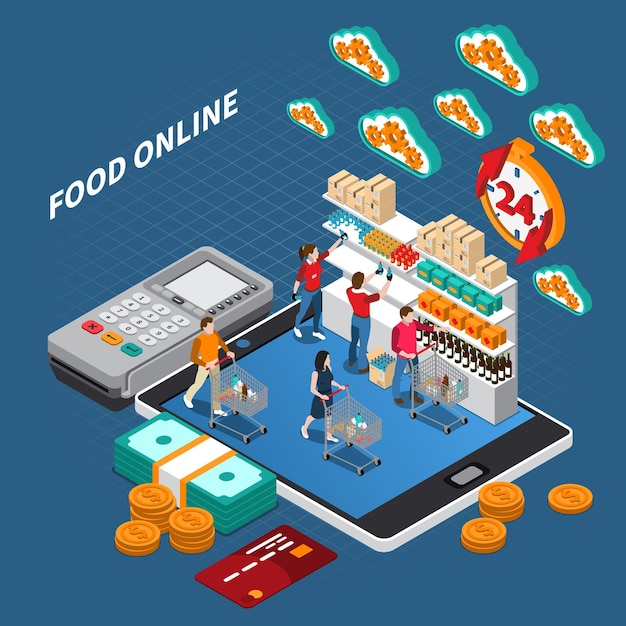 Free vector e-commerce grocery shopping isometric composition with customers buying food online with credit card payment terminal