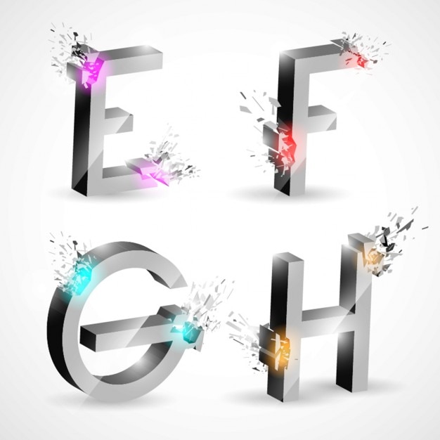 Free vector e f g h, metal letters with explosions