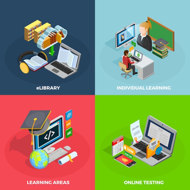 Free vector e-learning concept icons set