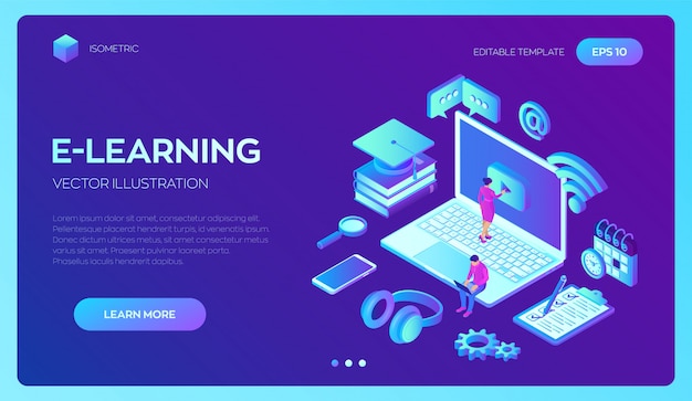 E-learning. innovative online education and distance learning isometric concept.