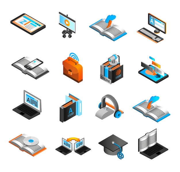 Free vector e-learning isometric icons set