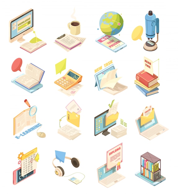 Free vector e-learning set of isometric icons