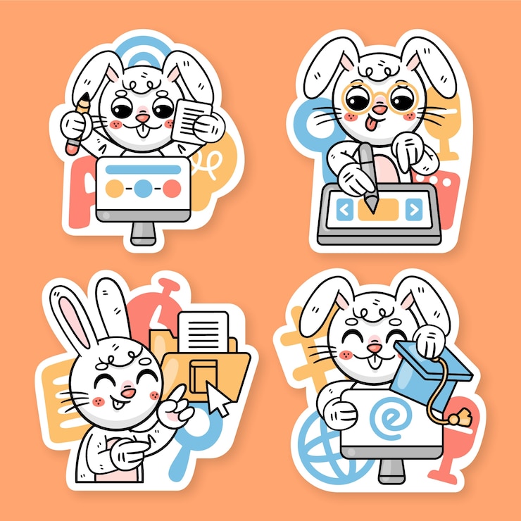 Free Vector e-learning stickers collection with ronnie the bunny