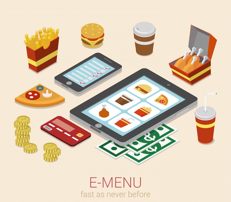 Free Vector e-menu electronic mobile device menu on phone tablet meal online order isometric concept