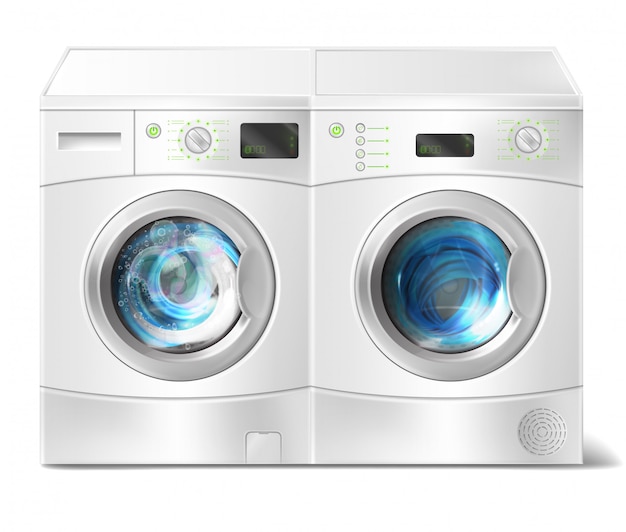 ealistic illustration of white front-load washer with dirty laundry inside and dryer 