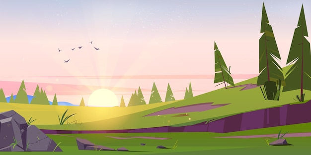 Бесплатное векторное изображение Рано утром мультяшный природный пейзаж, восход солнца