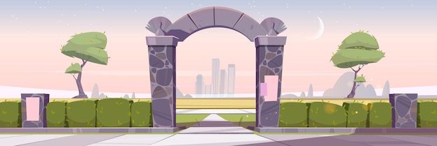 Early morning cityscape with stone gates, entrance to city garden or park. Urban skyline with hedge fence and trees. Sunrise background with pink sky, crescent and stars, Cartoon vector illustration