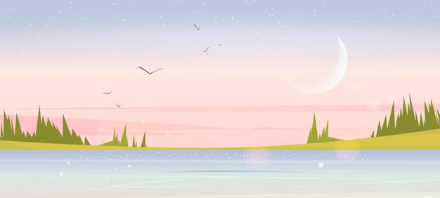 湖の緑の野原と針葉樹のある早朝の夏の自然の風景風景谷の池と三日月形の星と鳥とピンクの空の下のトウヒ漫画の静かなベクトルの背景