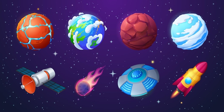 Free Vector earth alien planets rocket ufo spaceship and meteor on background of outer space with stars