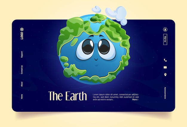 우주 공간에 귀여운 행성 캐릭터가 있는 지구 배너. 별이 있는 우주의 배경에 바다와 구름이 있는 재미있는 녹색 지구의 만화 삽화가 있는 벡터 방문 페이지 무료 벡터