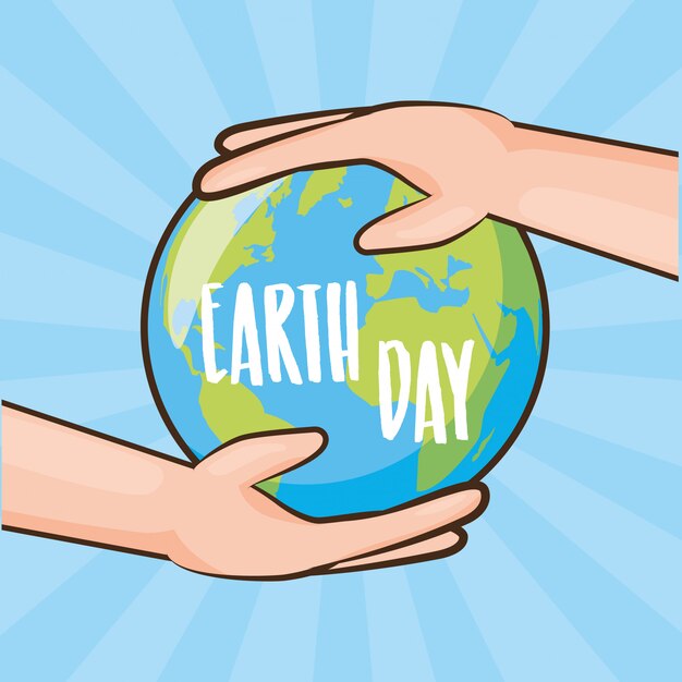 Earth day card, earth being held by hands, illustration 