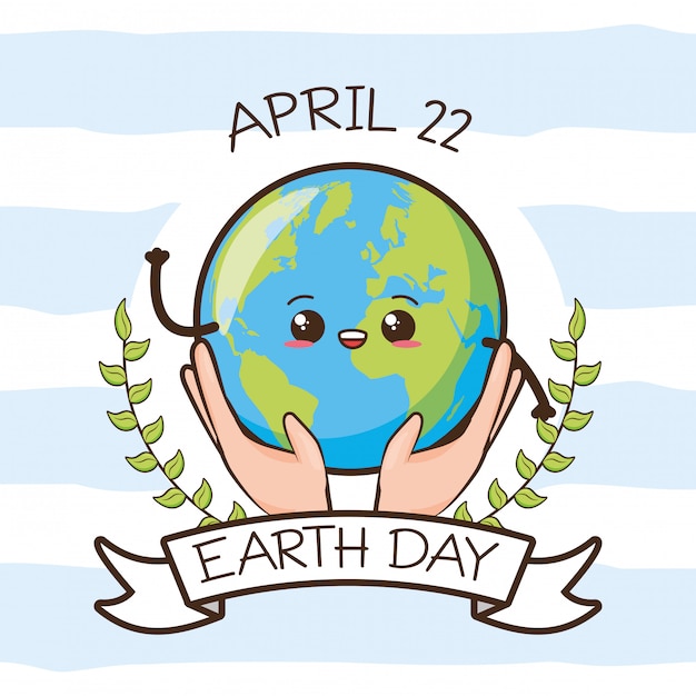 Earth day card, earth with face being held by hands, illustration