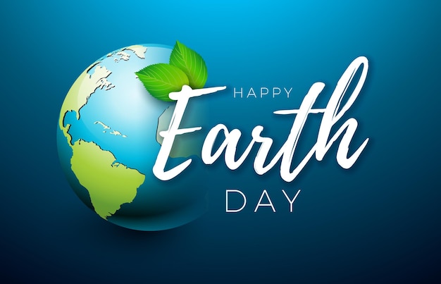 Earth day illustration with planet and green leaf on blue background april 22 environment concept