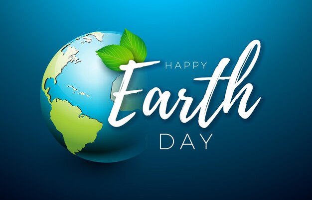 Earth Day Illustration with Planet and Green Leaf on Blue Background April 22 Environment Concept
