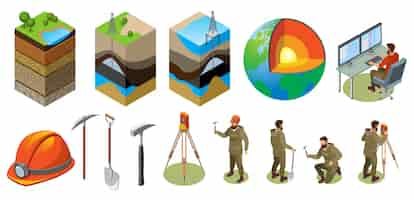 Free vector earth exploration isometric structure of globe soil layers scientific laboratory geological tools