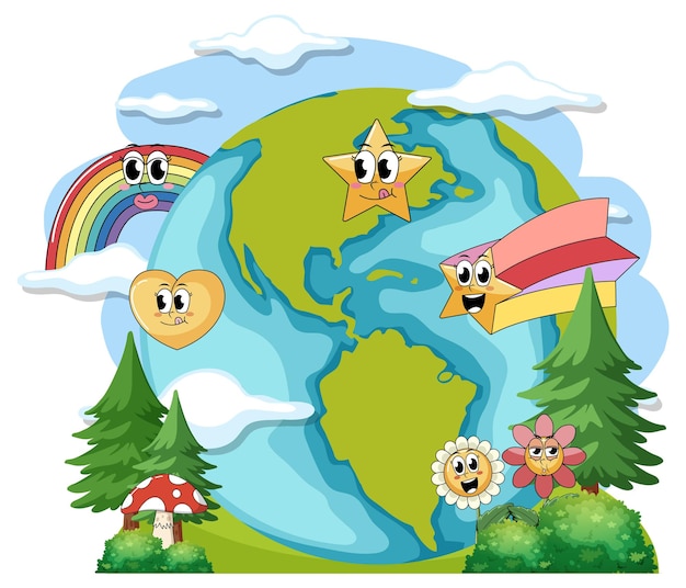 Vettore gratuito globo terrestre con divertenti personaggi dei cartoni animati