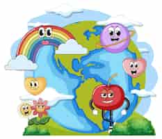 Vettore gratuito globo terrestre con divertenti personaggi dei cartoni animati