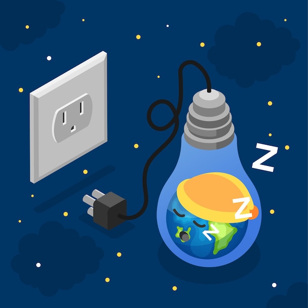 Free vector earth hour concept with earth sleeping in light bulb plugged out of socket