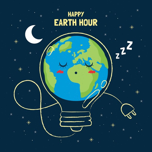 Earth hour illustration with planet sleeping and lightbulb