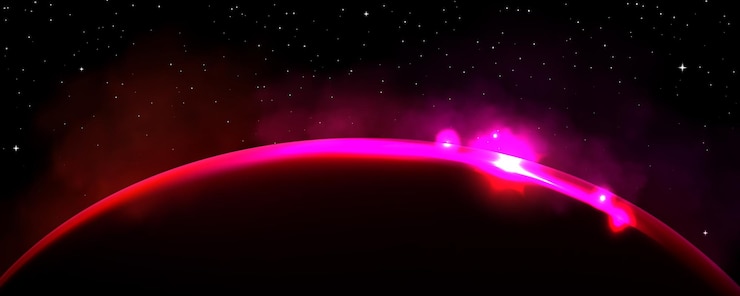 Free Vector earth planet or moon horizon at sunrise or eclipse abstract background of dark universe with white stars and pink light ring on planet edge vector realistic illustration