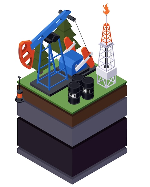 Vettore gratuito scienze della terra geologia petrologia sismologia vulcanologia composizione isometrica con vista isolata degli strati del suolo illustrazione vettoriale del derrick petrolifero