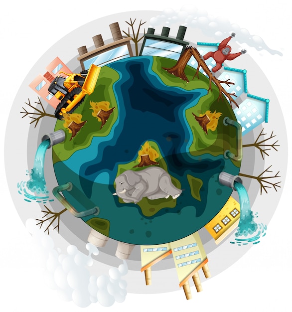 Free vector earth with deforestation and global warming problems