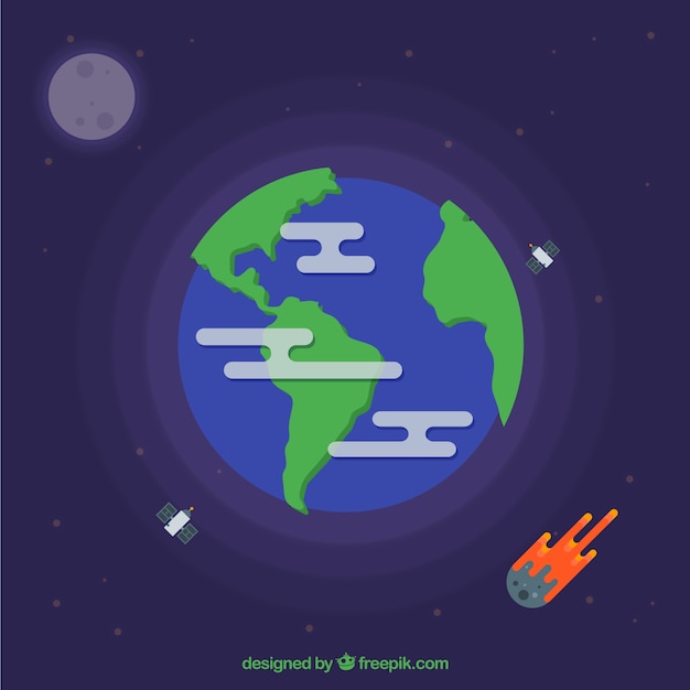 Earth with satellites and meteorite