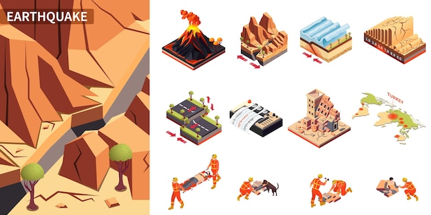 Free vector earthquake disaster composition with volcanic eruption and tectonic plates shifting symbols isometric isolated vector illustration