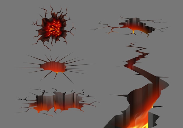 Earthquake ground cracks realistic set with isolated images with different angles and shapes with fire flames illustration