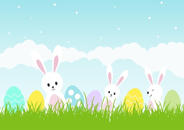 Free vector easter background with cute bunnies and eggs in sunny landscape