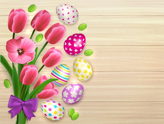 Easter bouquet of flowers with colourful eggs on natural wooden table background with leaves and bow  illustration