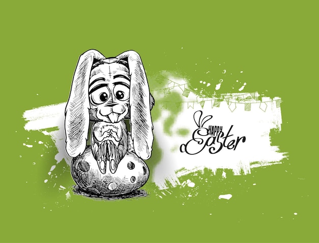Бесплатное векторное изображение Пасхальный кролик и пасхальные яйца ручной рисунок векторной иллюстрации