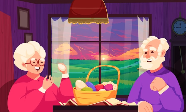 Free vector easter cartoon composition with elder couple with egg basket vecvtor illustration