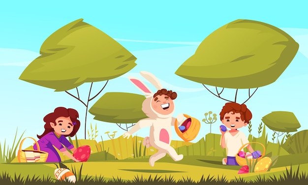 Vettore gratuito composizione di cartoni animati di pasqua con bambini durante l'illustrazione vettoriale della caccia alle uova