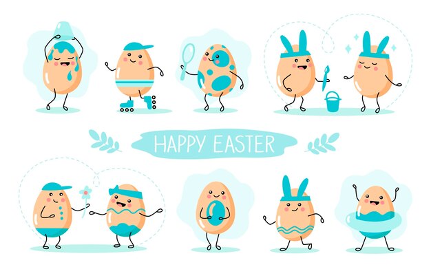 バスケットにカラフルな卵とウサギバニーイースターかわいい漫画のキャラクター プレミアムベクター