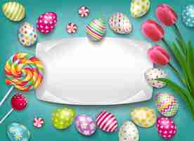 Vettore gratuito composizione in pasqua con le immagini dei dolci e dei fiori festivi colorati della lecca-lecca delle uova con l'illustrazione vuota della cornice di testo