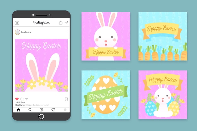 Free vector easter day illustrated instagram posts pack