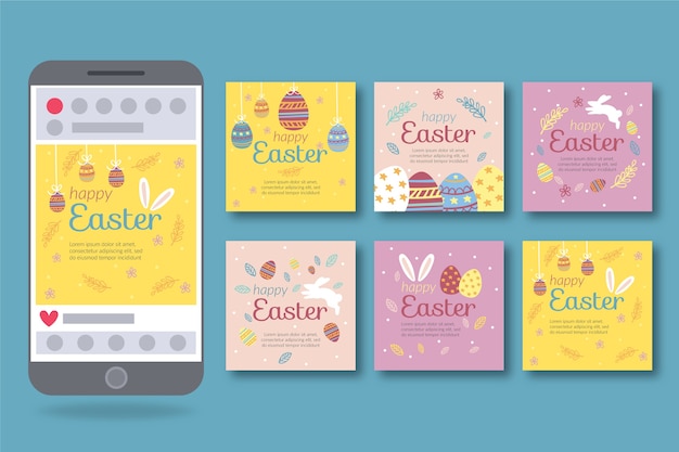 Vettore gratuito concetto della raccolta della posta del instagram di giorno di pasqua