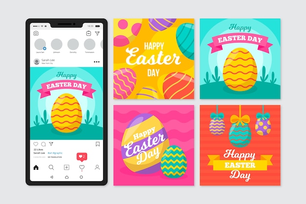 Free vector easter day instagram post with colourful eggs