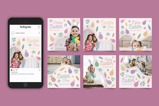 無料ベクター イースターの日のinstagram投稿の写真付きコレクション